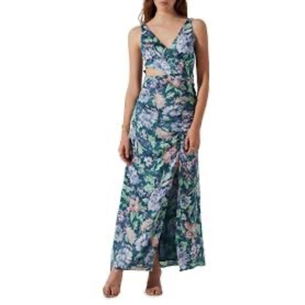 ASTR the Label Teal Floral Pleated‎ Cutout Maxi Dress XL Sleeveless Slit Gown